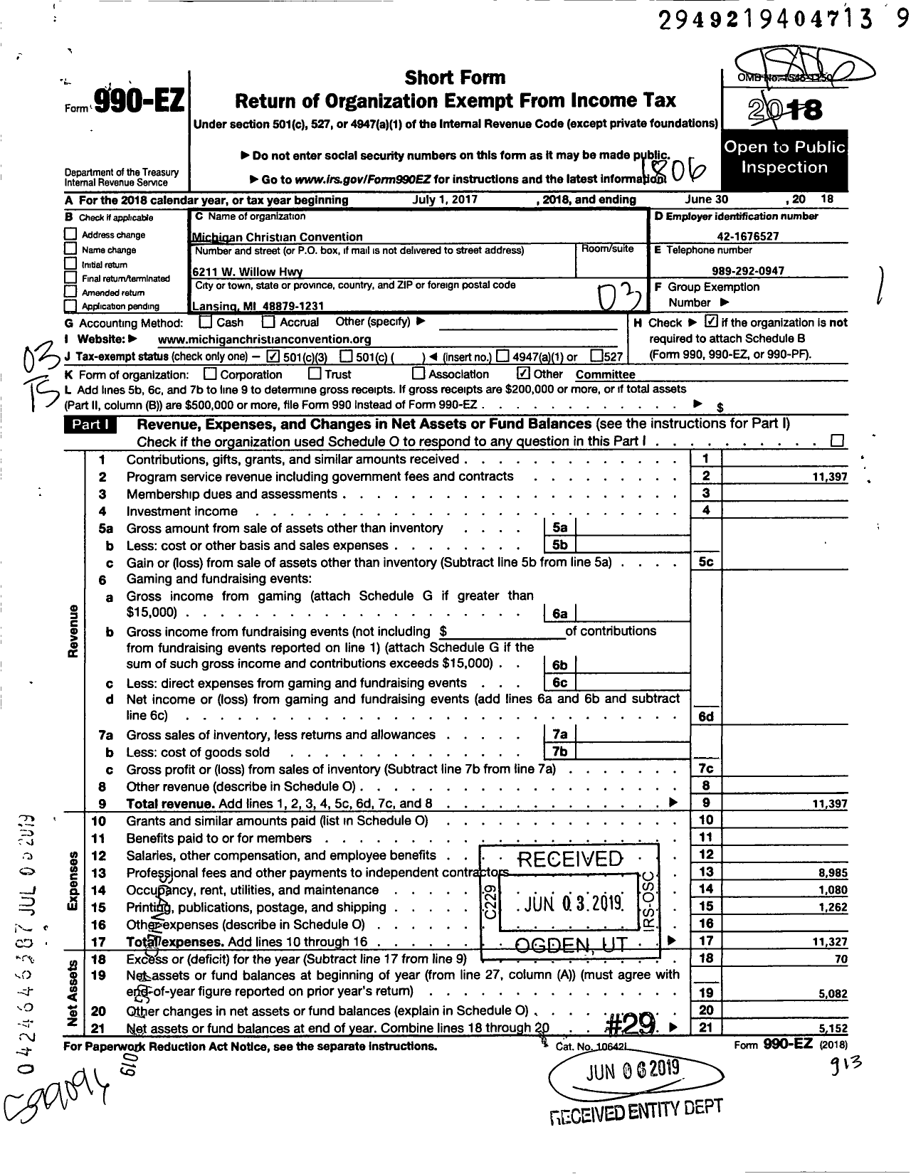 Image of first page of 2017 Form 990EZ for Michigan Christian Convention