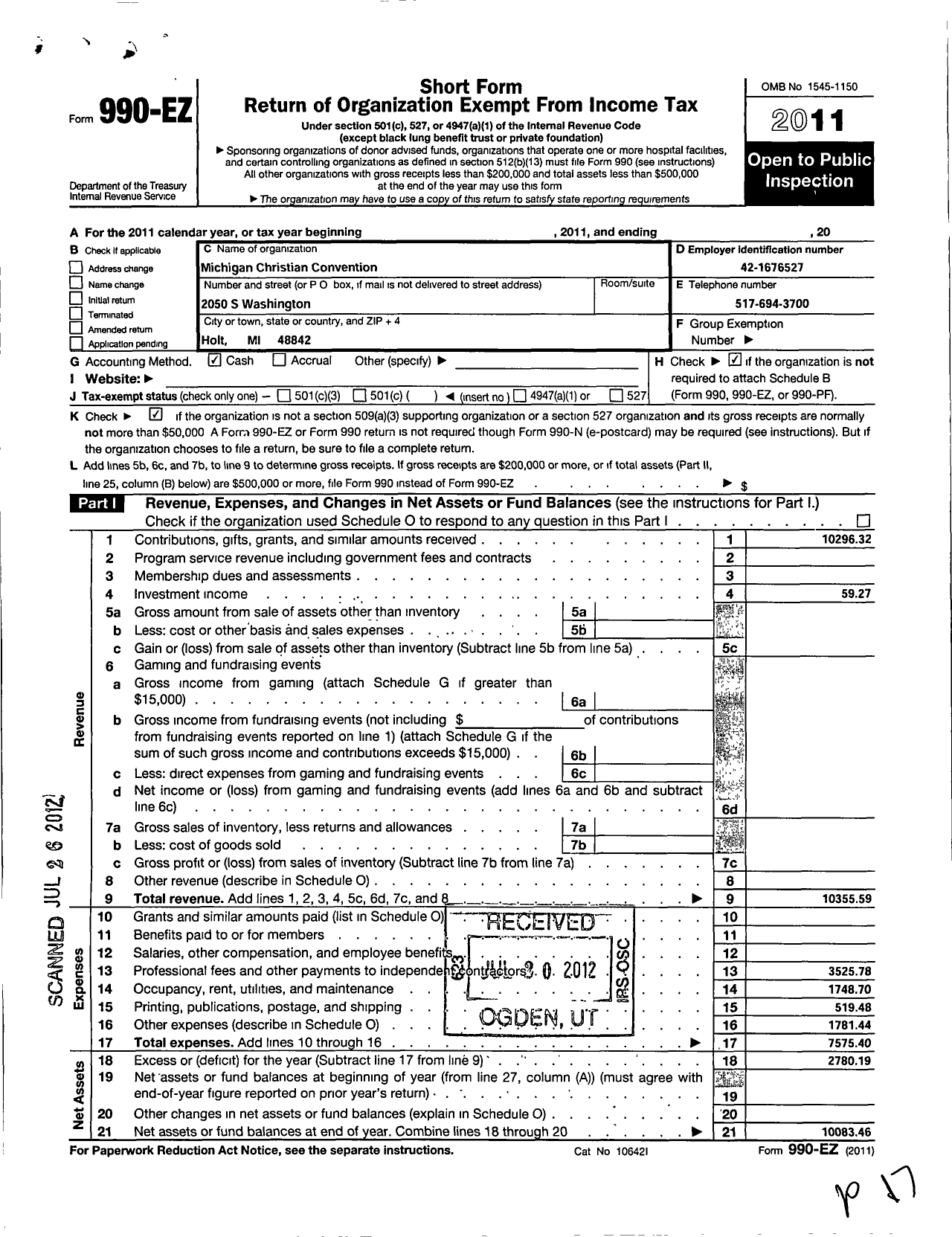 Image of first page of 2011 Form 990EO for Michigan Christian Convention