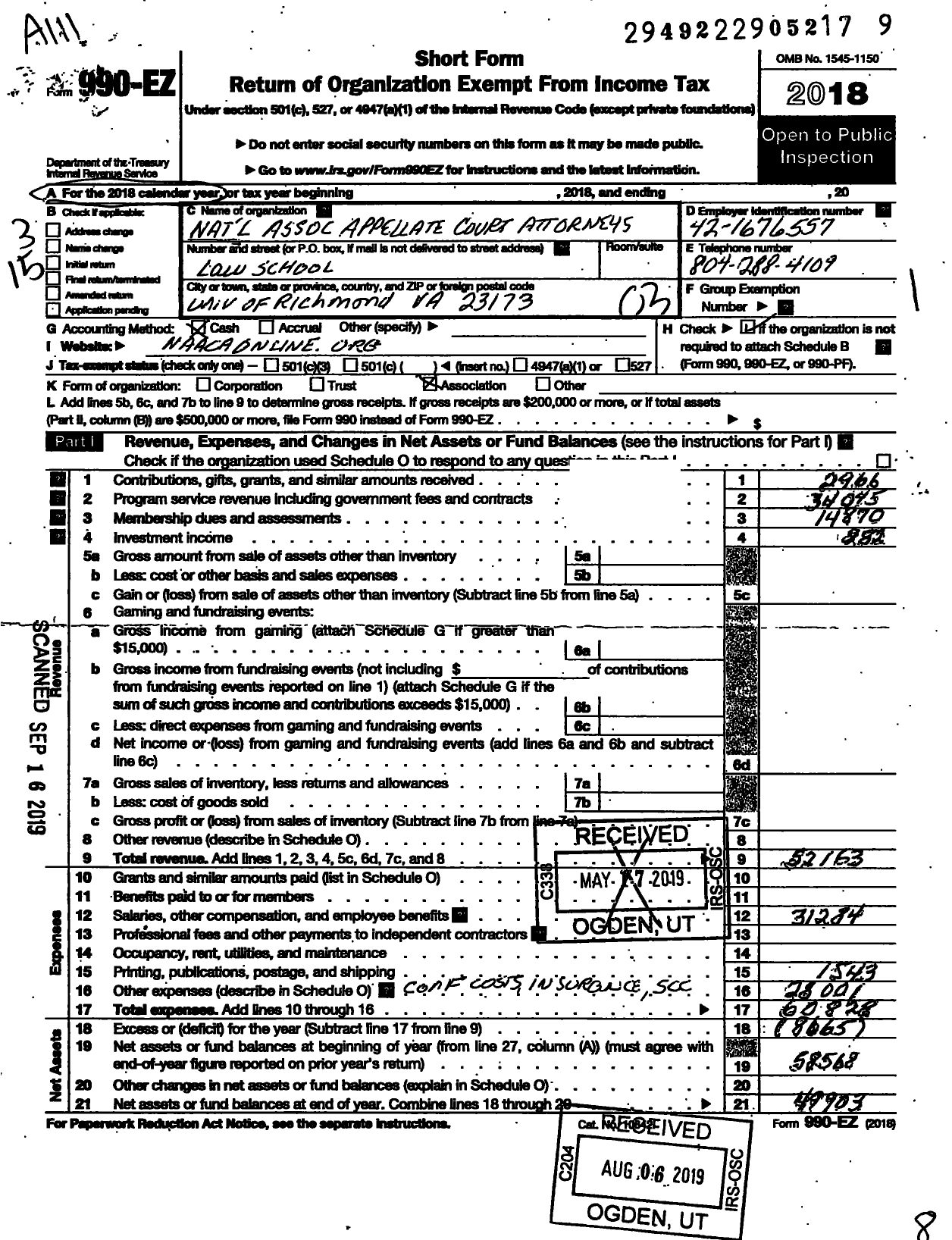 Image of first page of 2018 Form 990EZ for National Association of Appellate Court Attorneys