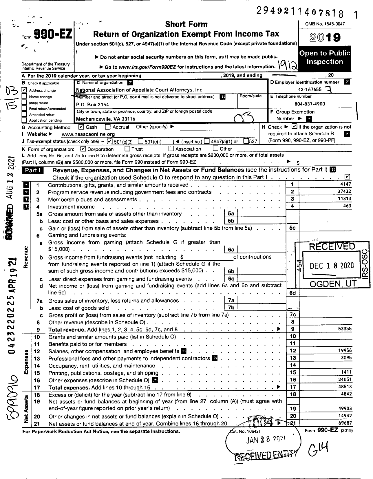 Image of first page of 2019 Form 990EZ for National Association of Appellate Court Attorneys