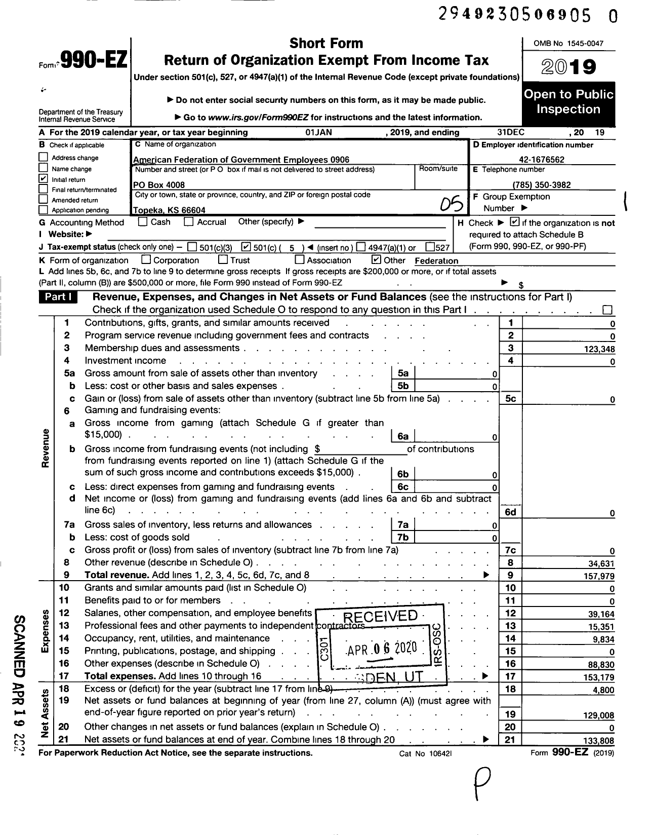 Image of first page of 2019 Form 990EO for American Federation of Government Employees - 0906 Afge-Va Local