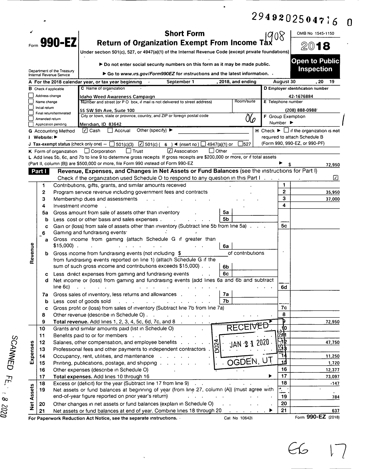 Image of first page of 2018 Form 990EO for Idaho Weed Awareness Campaign