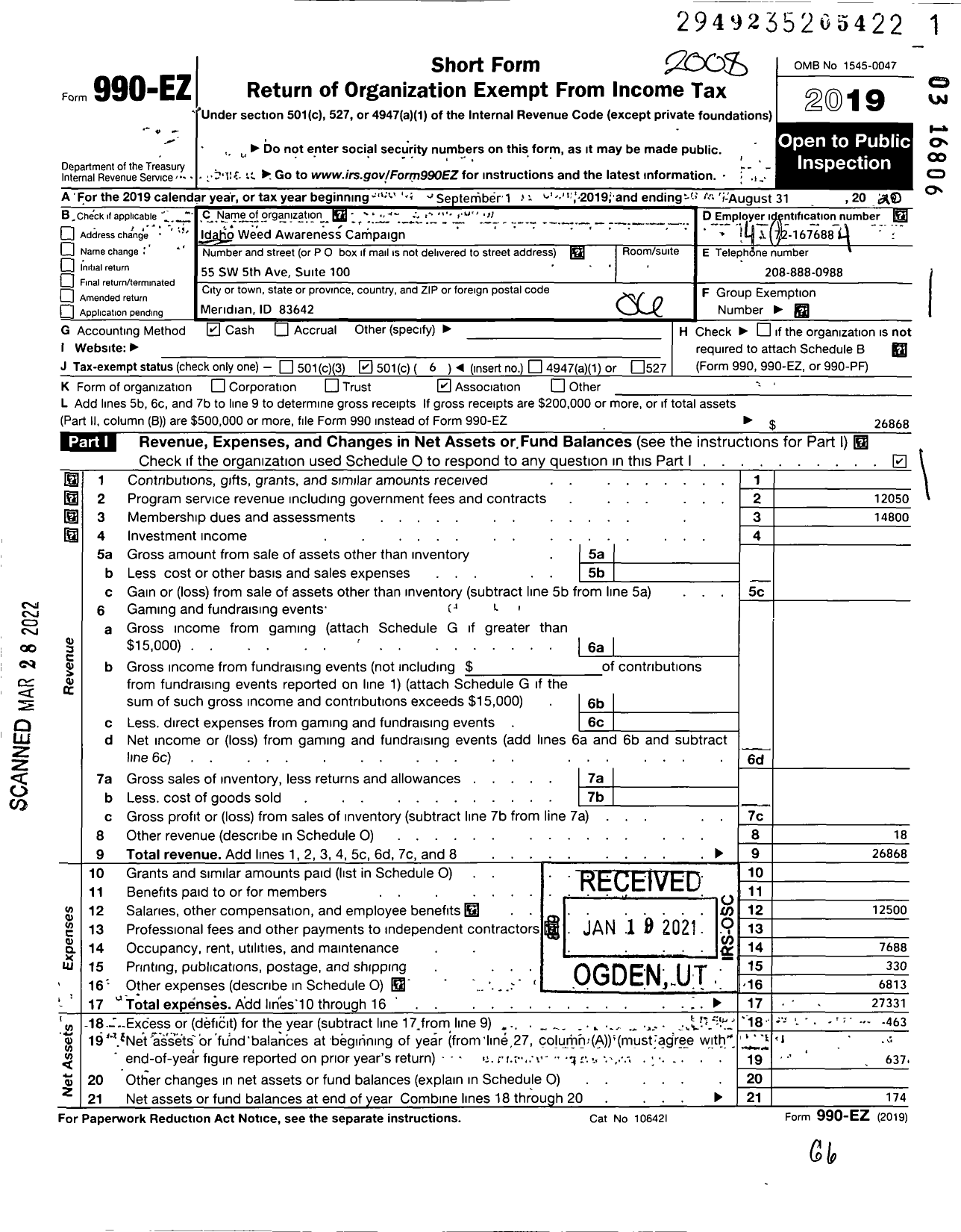 Image of first page of 2019 Form 990EO for Idaho Weed Awareness Campaign