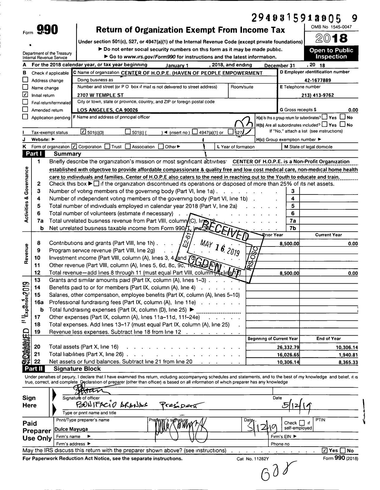 Image of first page of 2018 Form 990 for Center of H O P E Heaven of People Empowerment