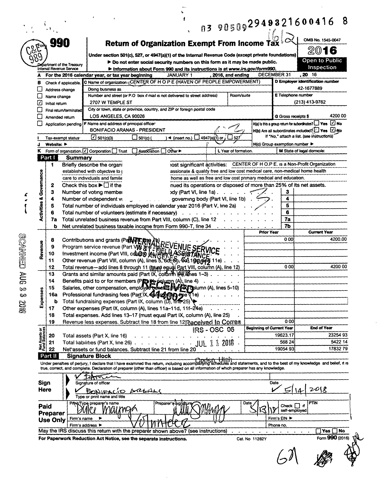 Image of first page of 2016 Form 990 for Center of H O P E Heaven of People Empowerment