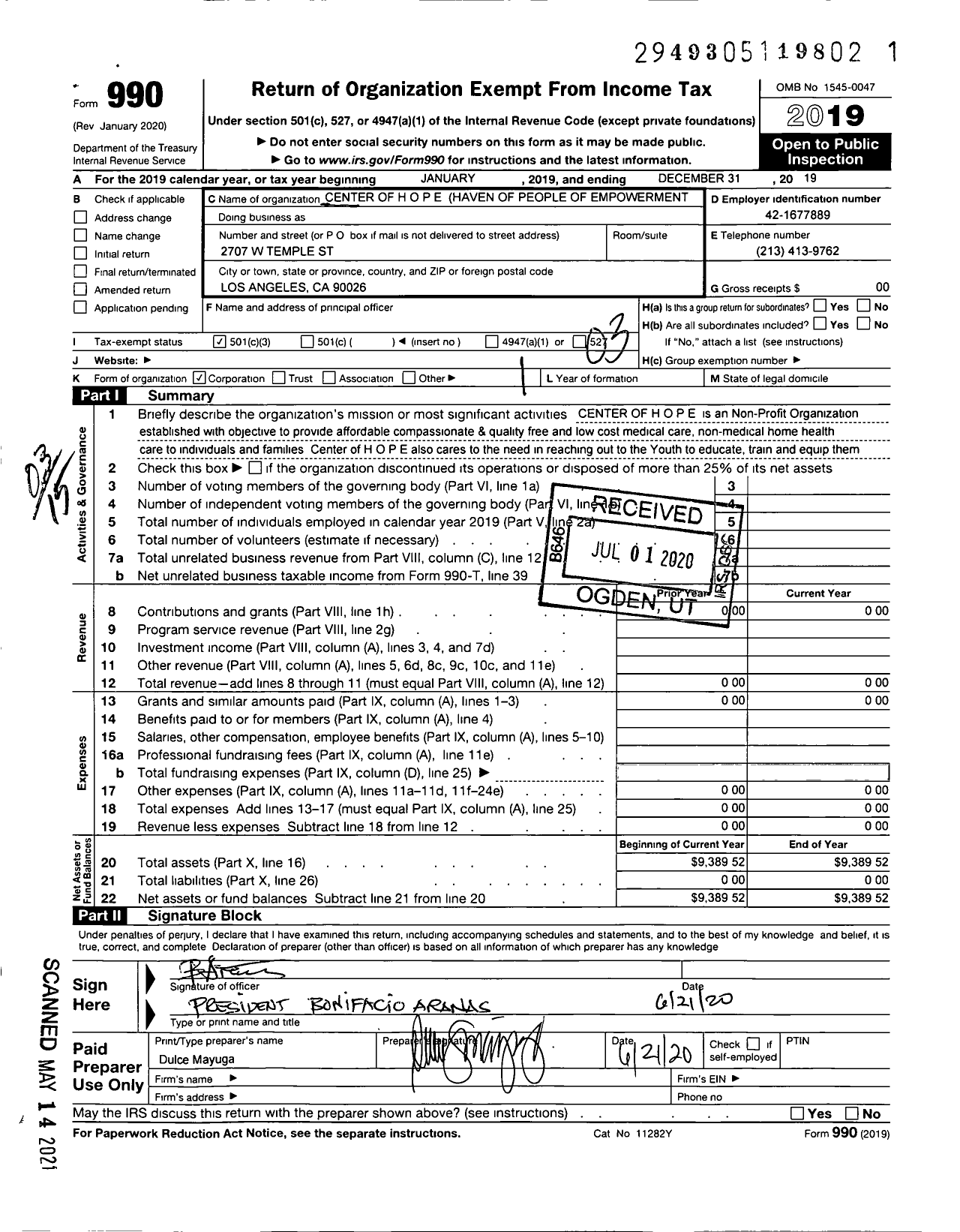 Image of first page of 2019 Form 990 for Center of H O P E Heaven of People Empowerment