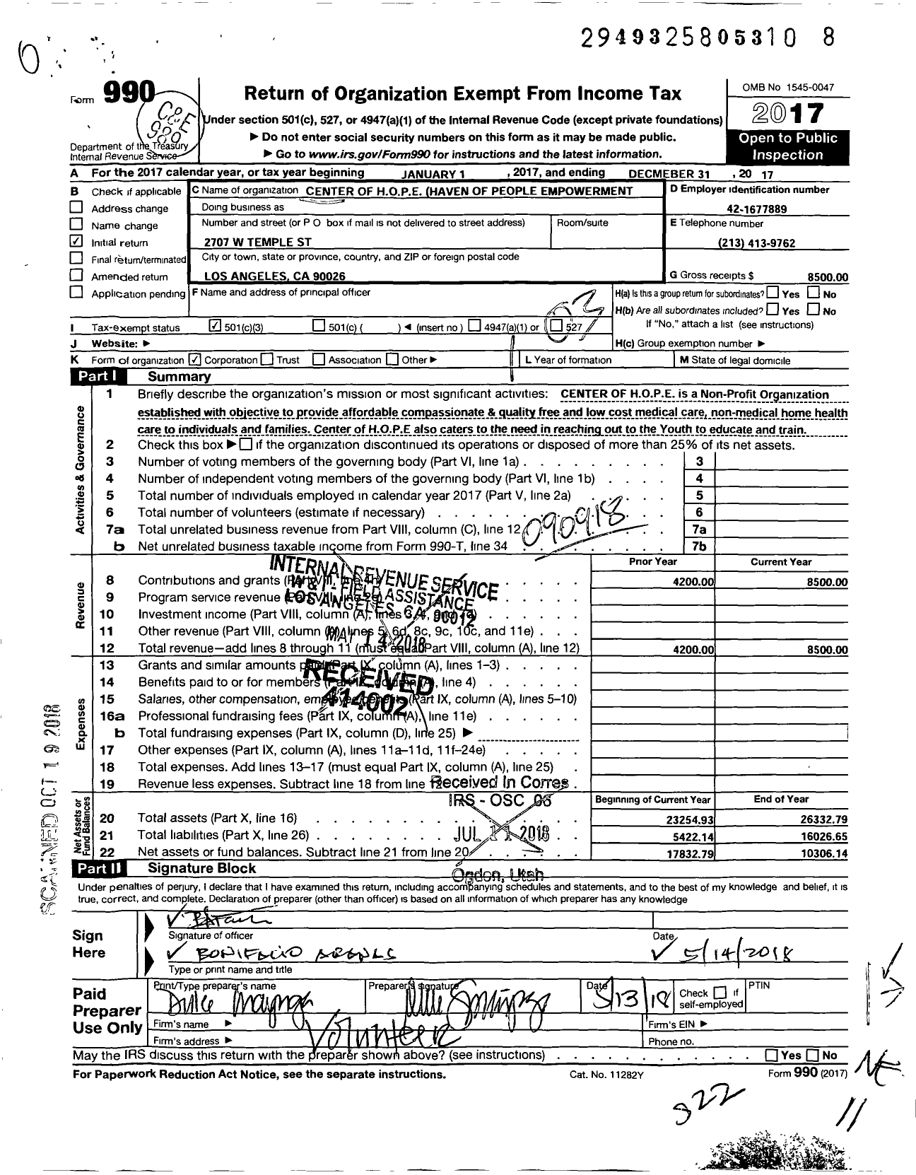 Image of first page of 2017 Form 990 for Center of H O P E Heaven of People Empowerment