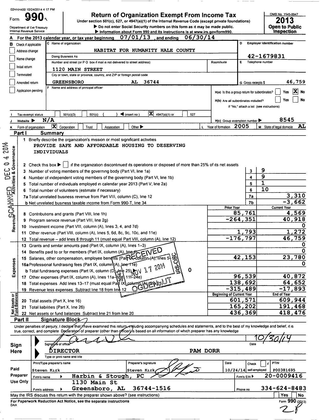 Image of first page of 2013 Form 990O for Habitat for Humanity Hale County