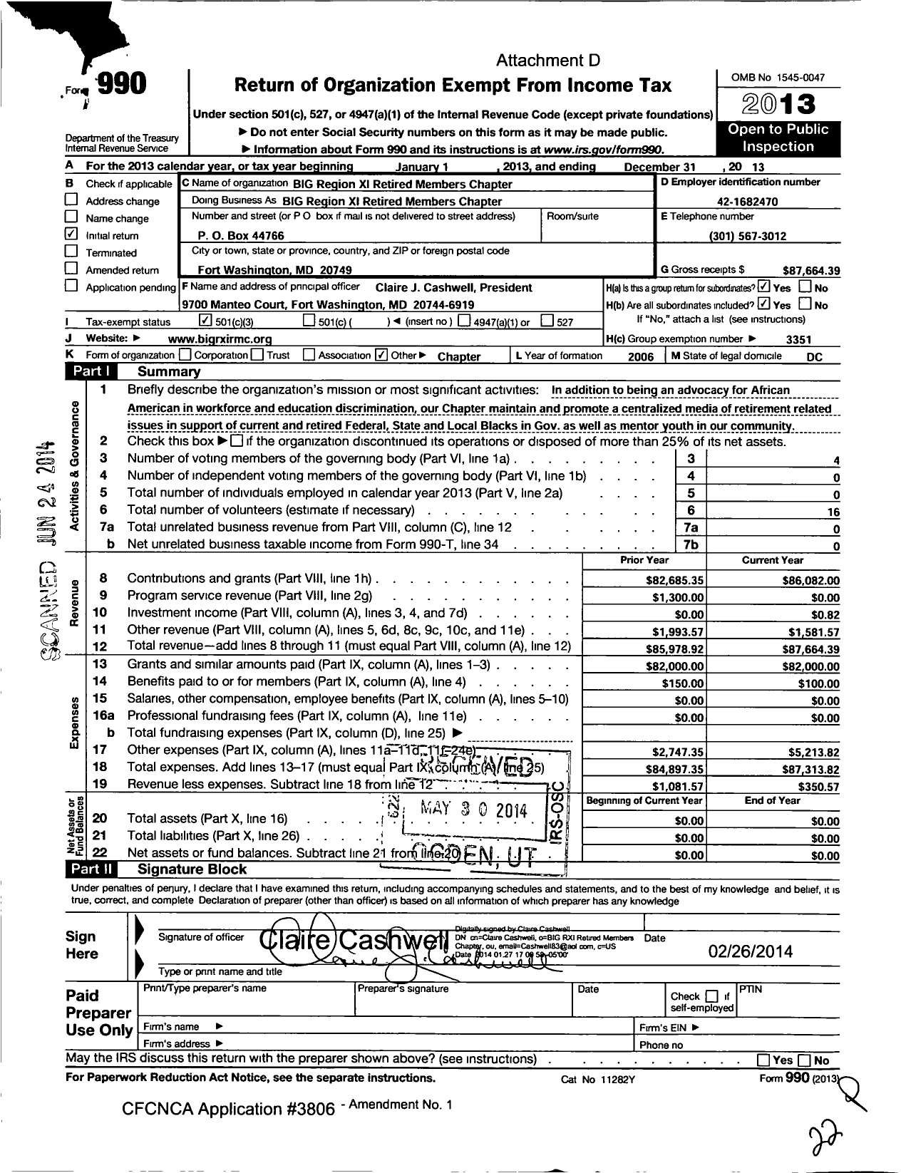 Image of first page of 2013 Form 990 for Blacks in Government / Xi Region Retired Members Chapter