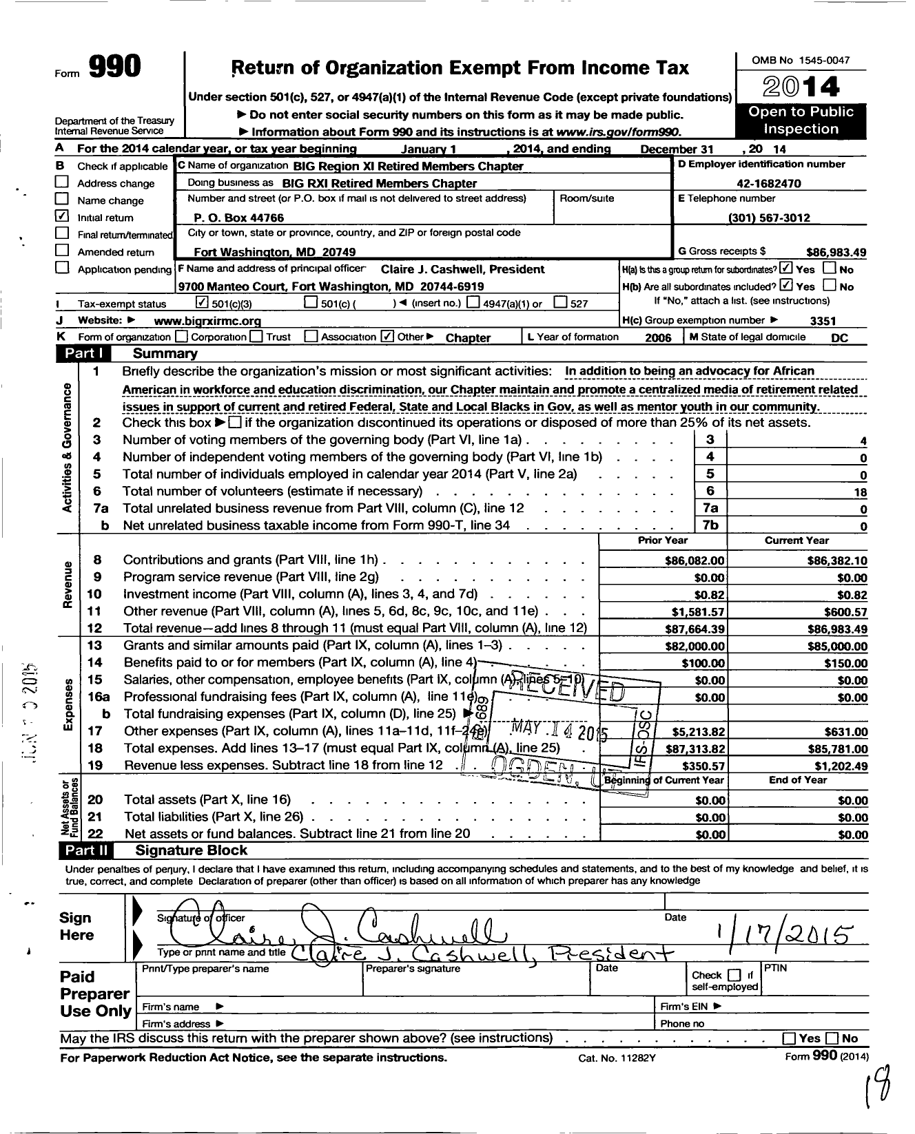 Image of first page of 2014 Form 990 for Blacks in Government / Xi Region Retired Members Chapter