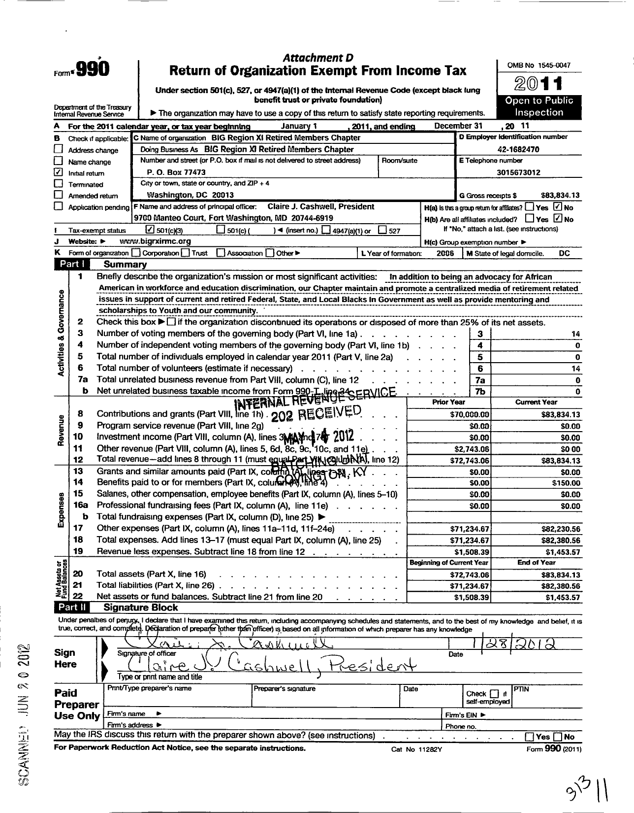 Image of first page of 2011 Form 990 for Blacks in Government / Xi Region Retired Members Chapter