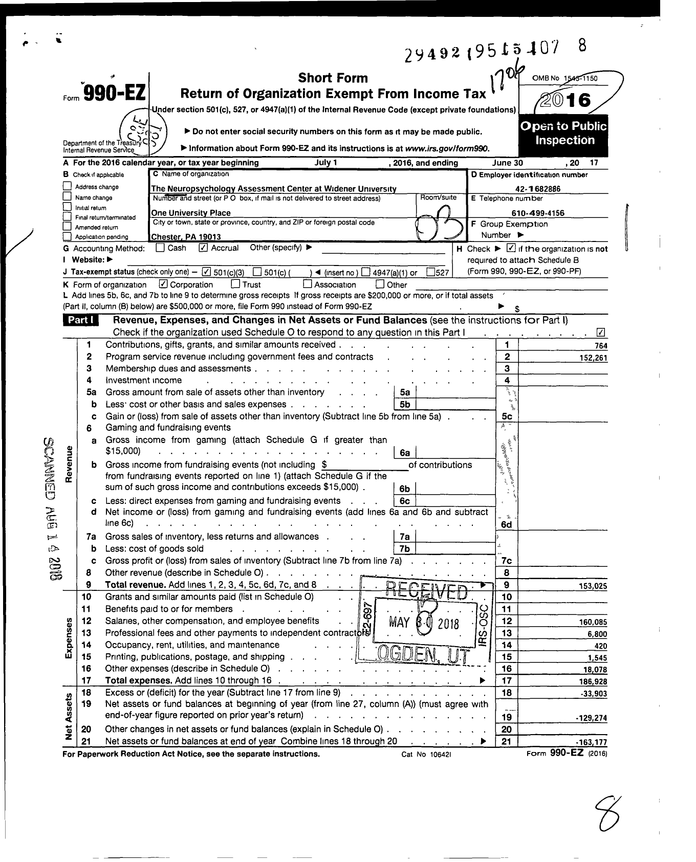 Image of first page of 2016 Form 990EZ for The Neuropsychology Assessment Center at Widener University