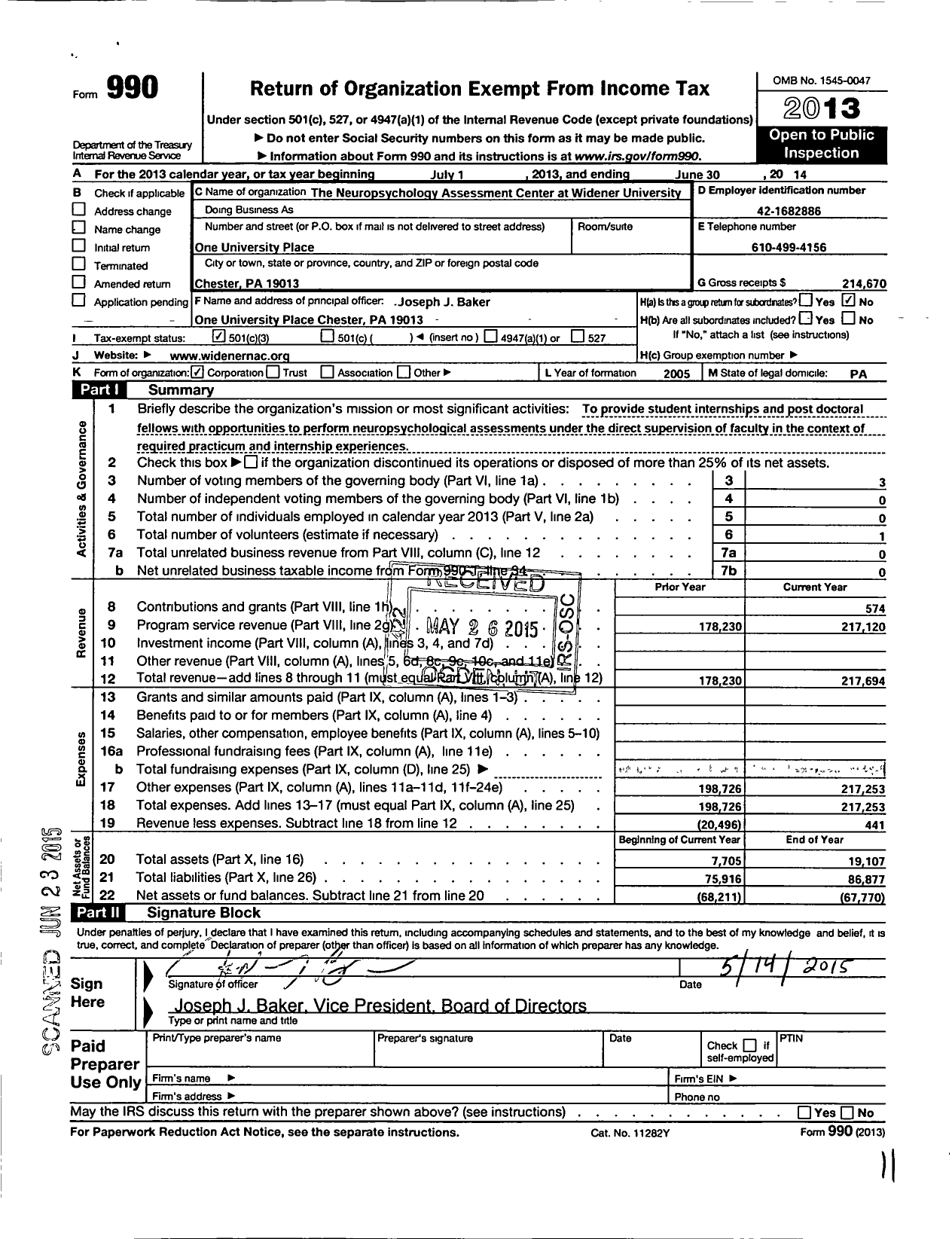 Image of first page of 2013 Form 990 for The Neuropsychology Assessment Center at Widener University