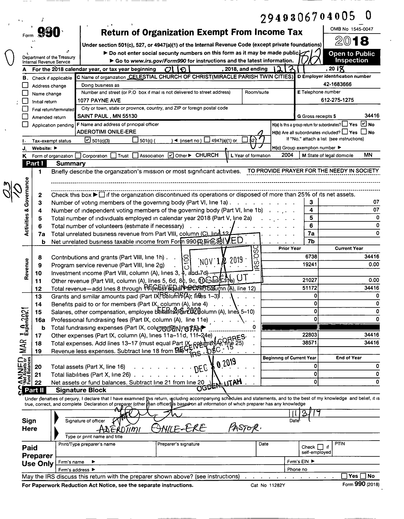 Image of first page of 2018 Form 990 for Celestial Church of Christ Miracle Parish / Aderotimi Onileere