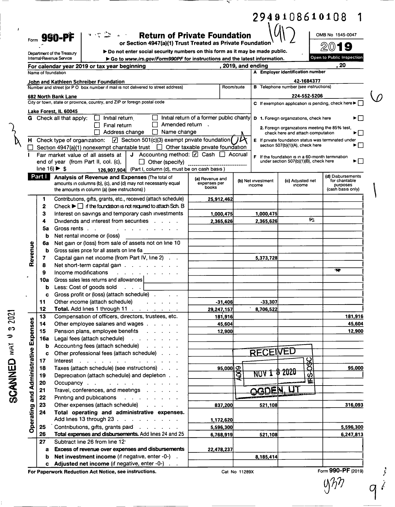 Image of first page of 2019 Form 990PF for John and Kathleen Schreiber Foundation