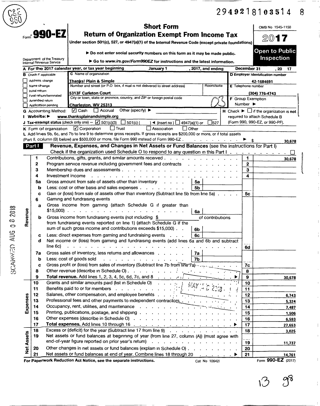 Image of first page of 2017 Form 990EZ for Thanks Plain and Simple