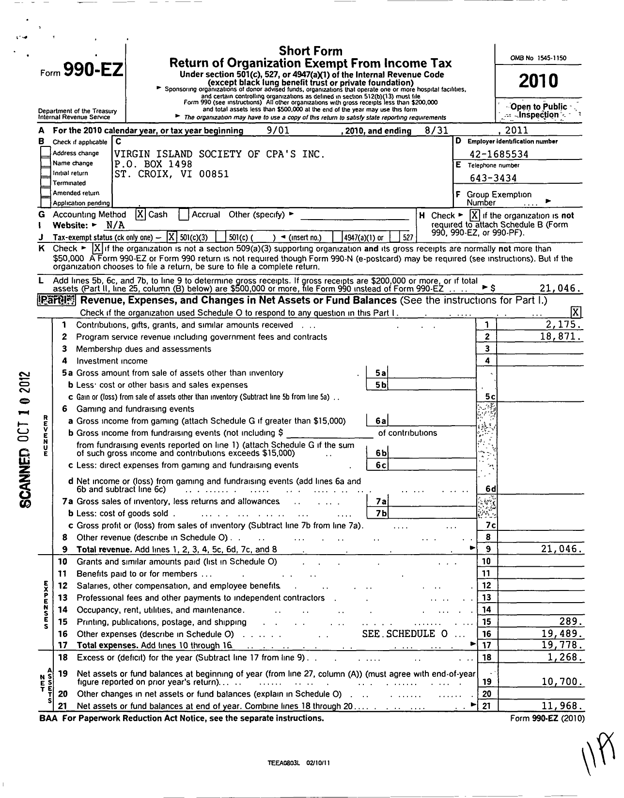 Image of first page of 2010 Form 990EZ for Virgin Islands Society of Certified Public Accountants