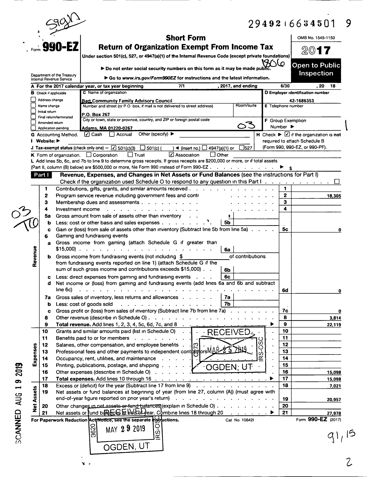Image of first page of 2017 Form 990EZ for Bart Community Family Advisory