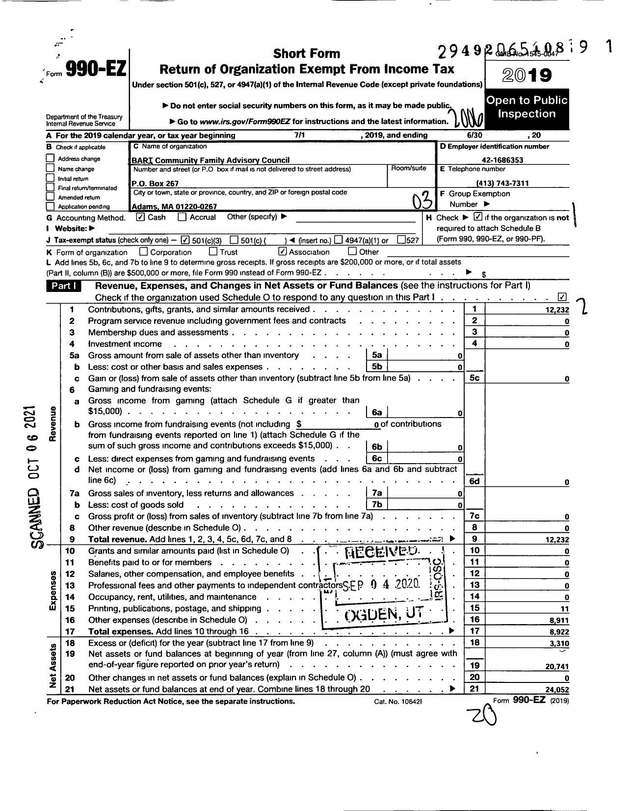 Image of first page of 2019 Form 990EZ for Bart Community Family Advisory