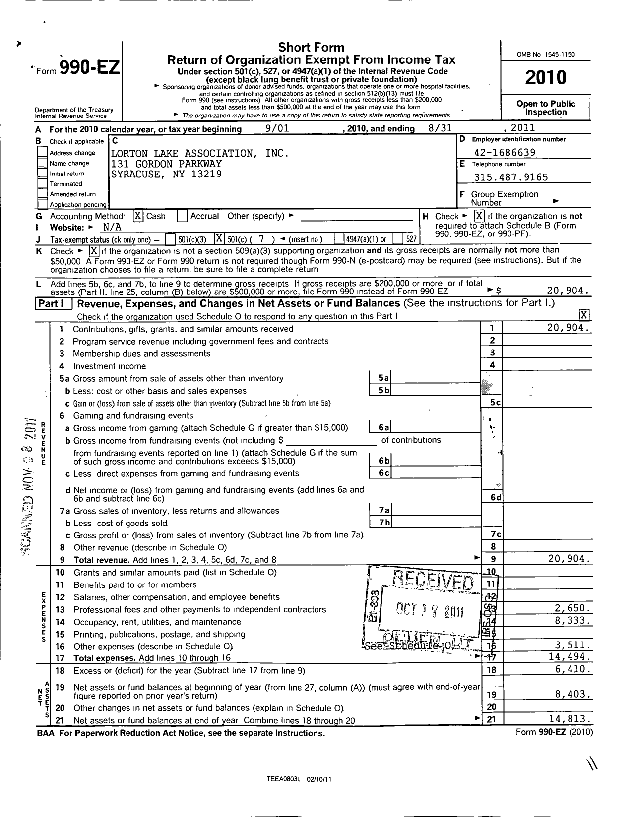 Image of first page of 2010 Form 990EO for Lorton Lake Association