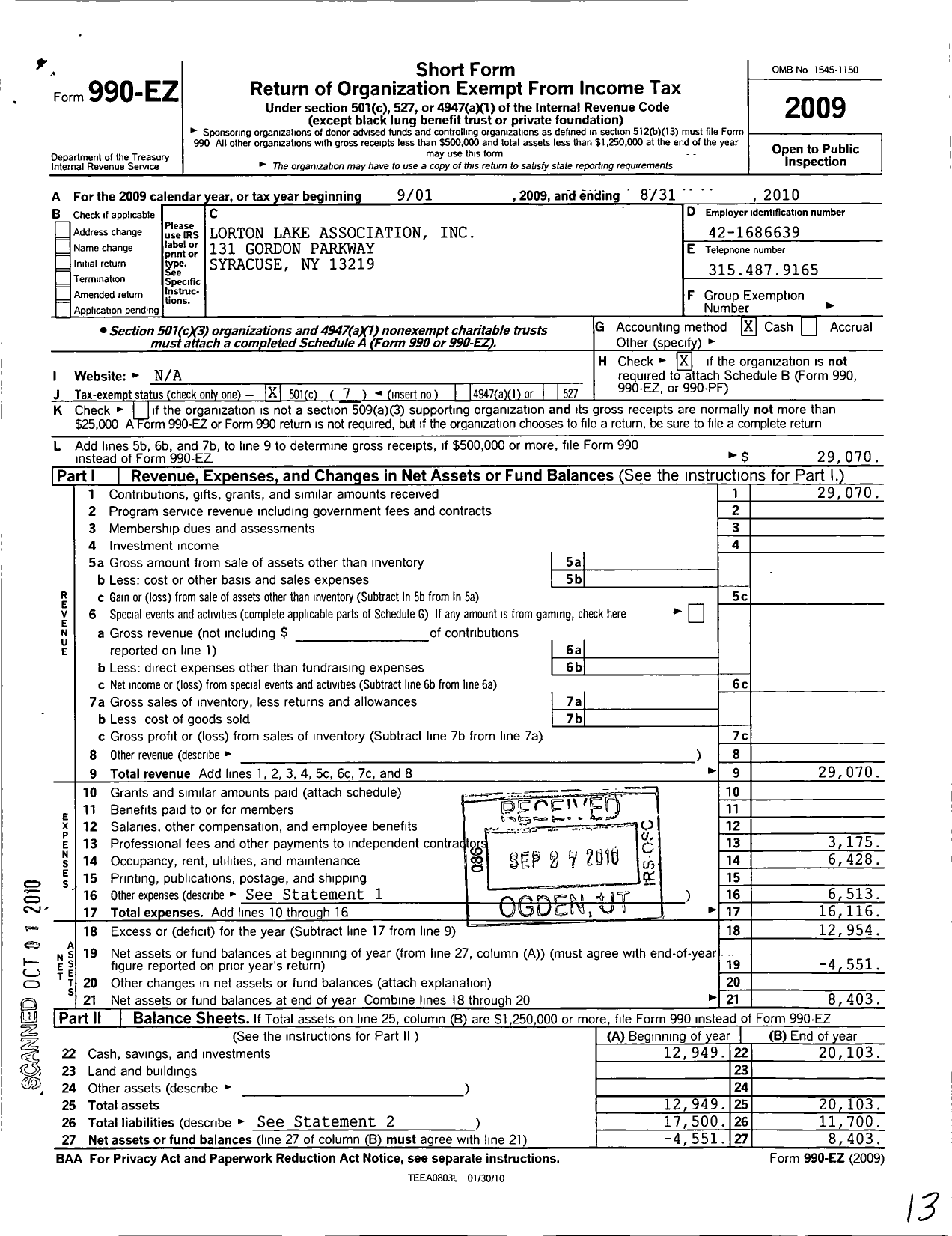 Image of first page of 2009 Form 990EO for Lorton Lake Association