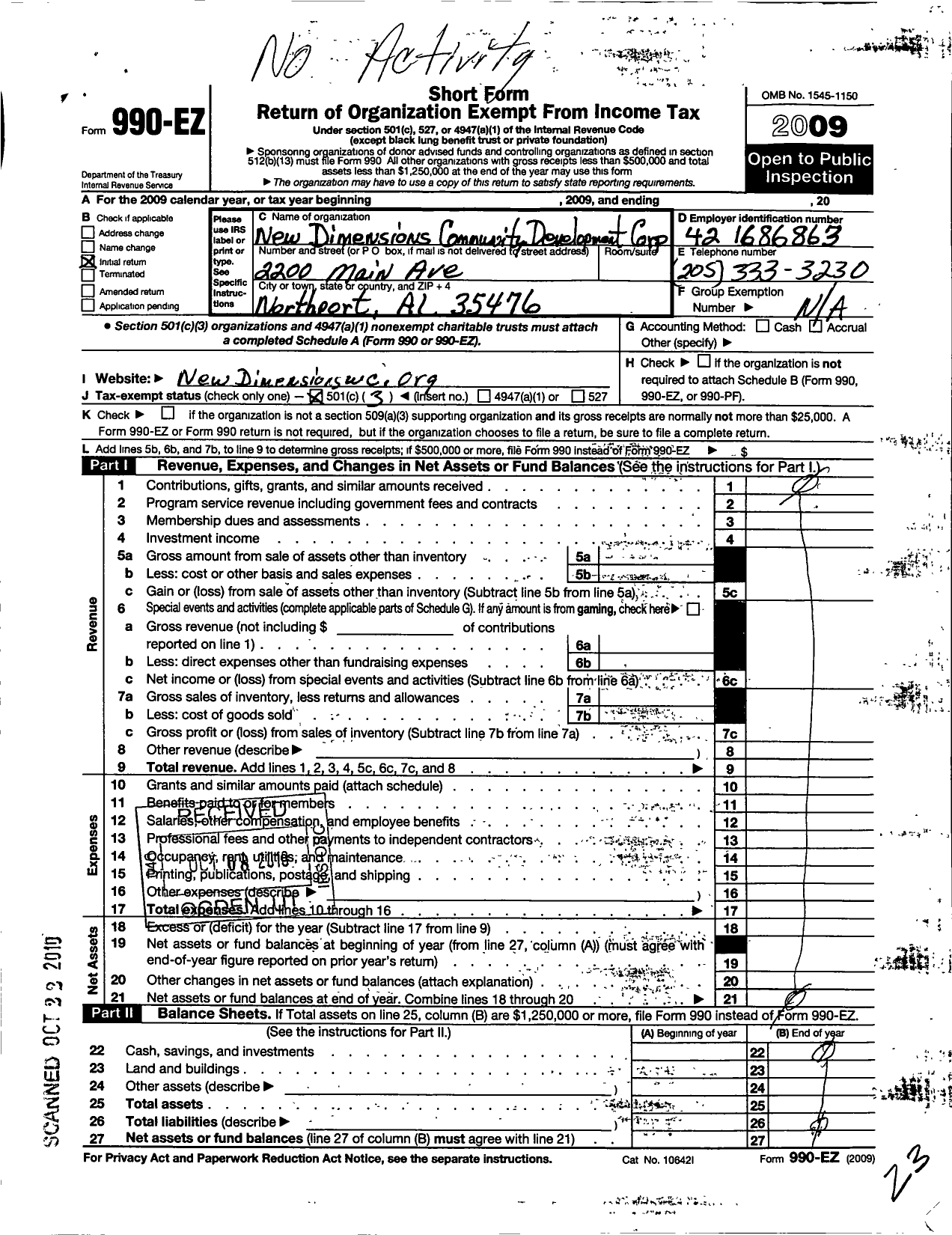 Image of first page of 2009 Form 990EZ for New Dimensions Community Development Corporation