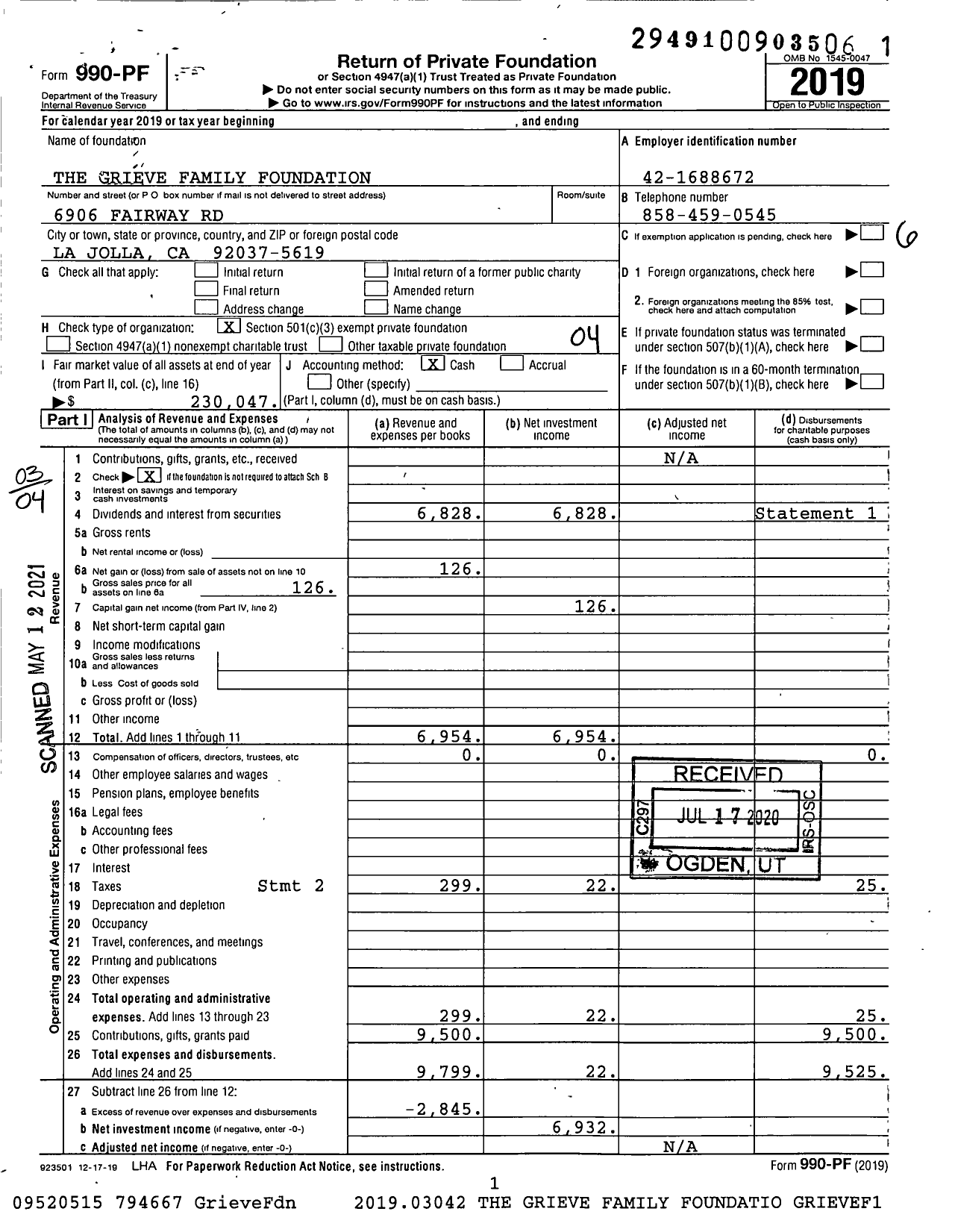 Image of first page of 2019 Form 990PF for Grieve Family Foundation