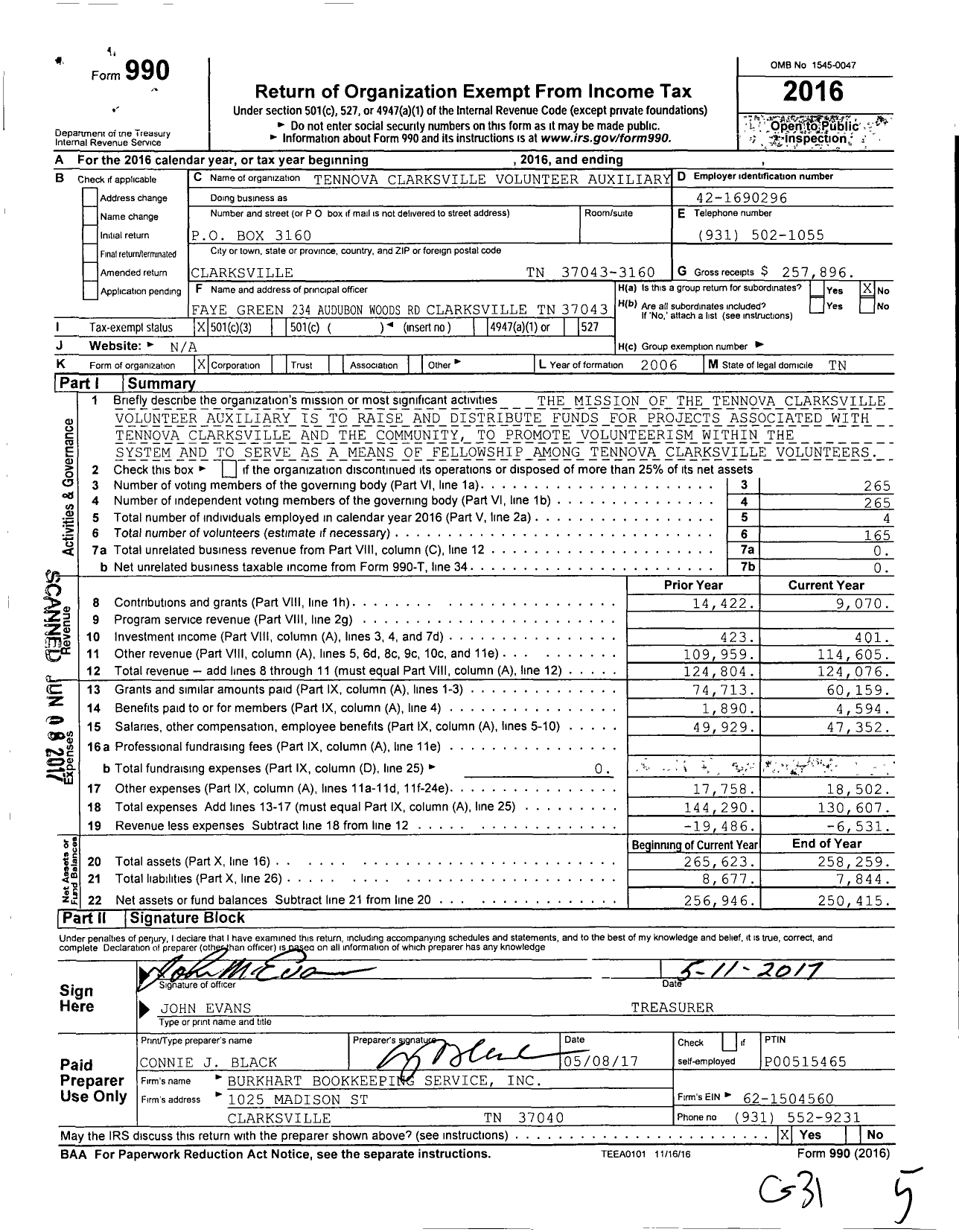 Image of first page of 2016 Form 990 for Tennova Clarksville Volunteer Auxiliary