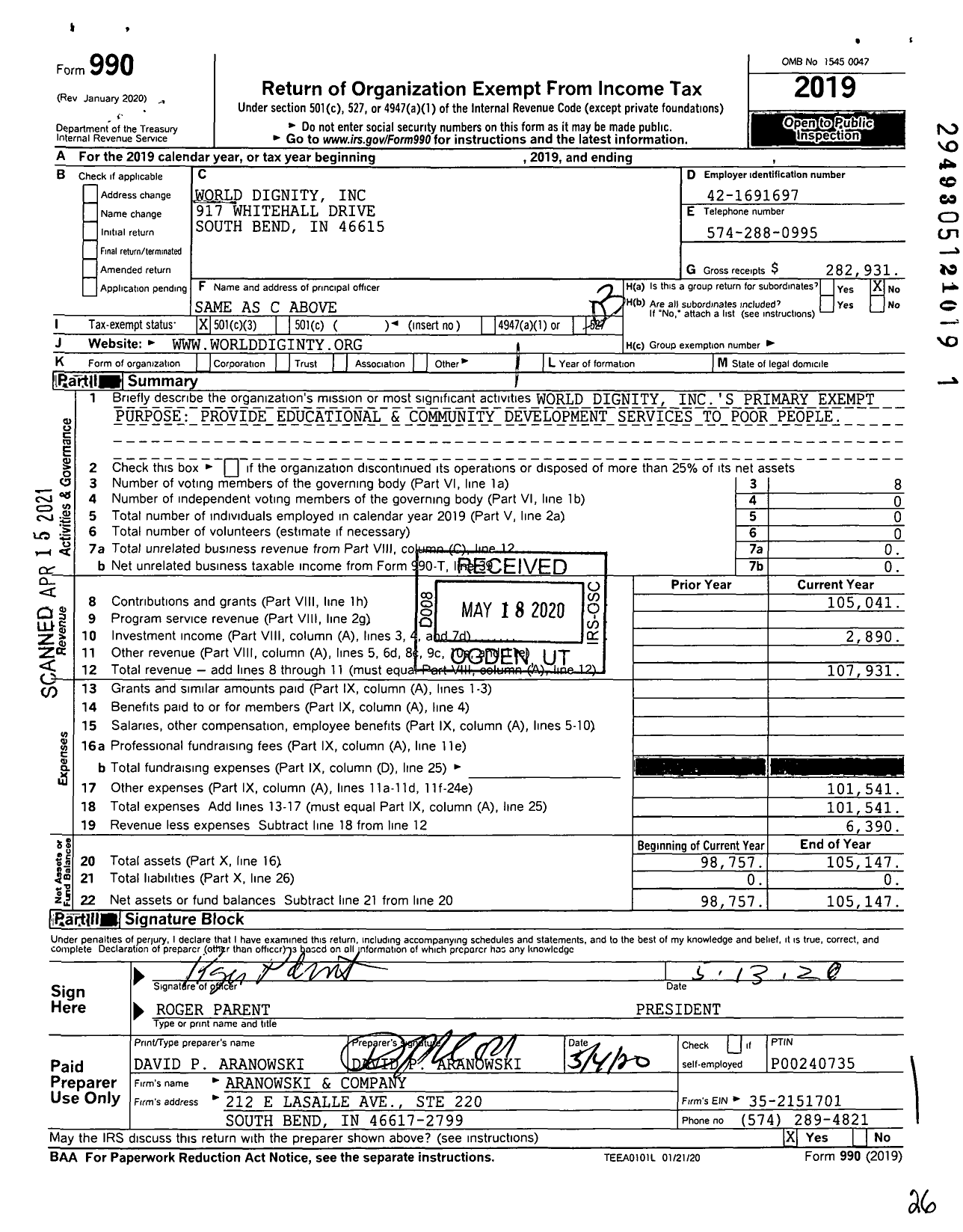 Image of first page of 2019 Form 990 for World Dignity