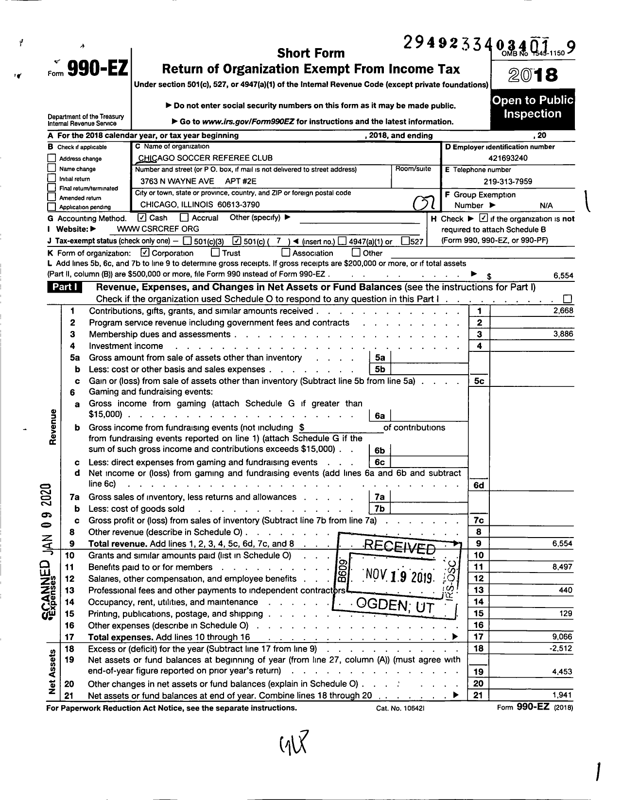 Image of first page of 2018 Form 990EO for Chicago Soccer Referee Club