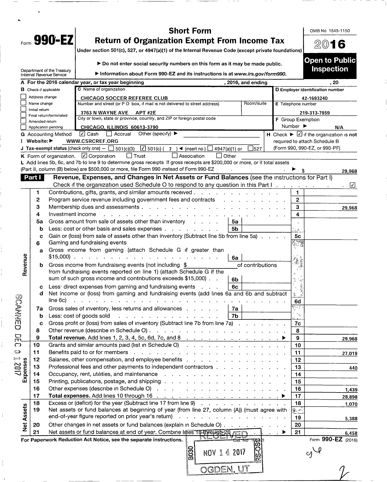 Image of first page of 2016 Form 990EO for Chicago Soccer Referee Club