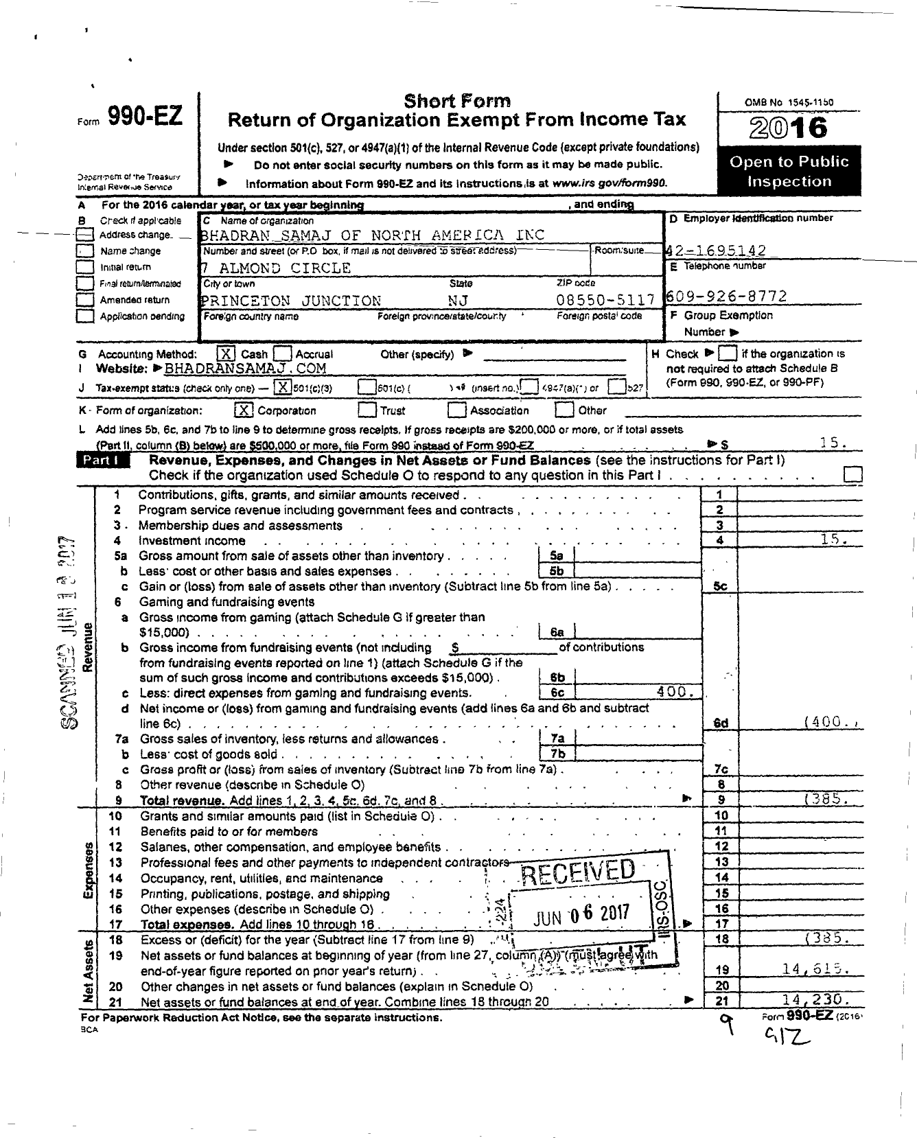 Image of first page of 2016 Form 990EZ for Bhadran Samaj of North America
