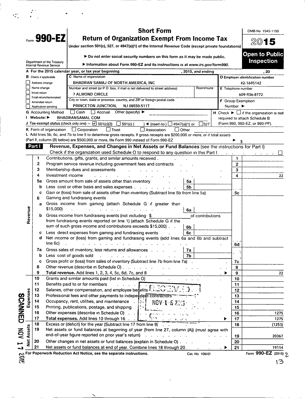 Image of first page of 2015 Form 990EZ for Bhadran Samaj of North America