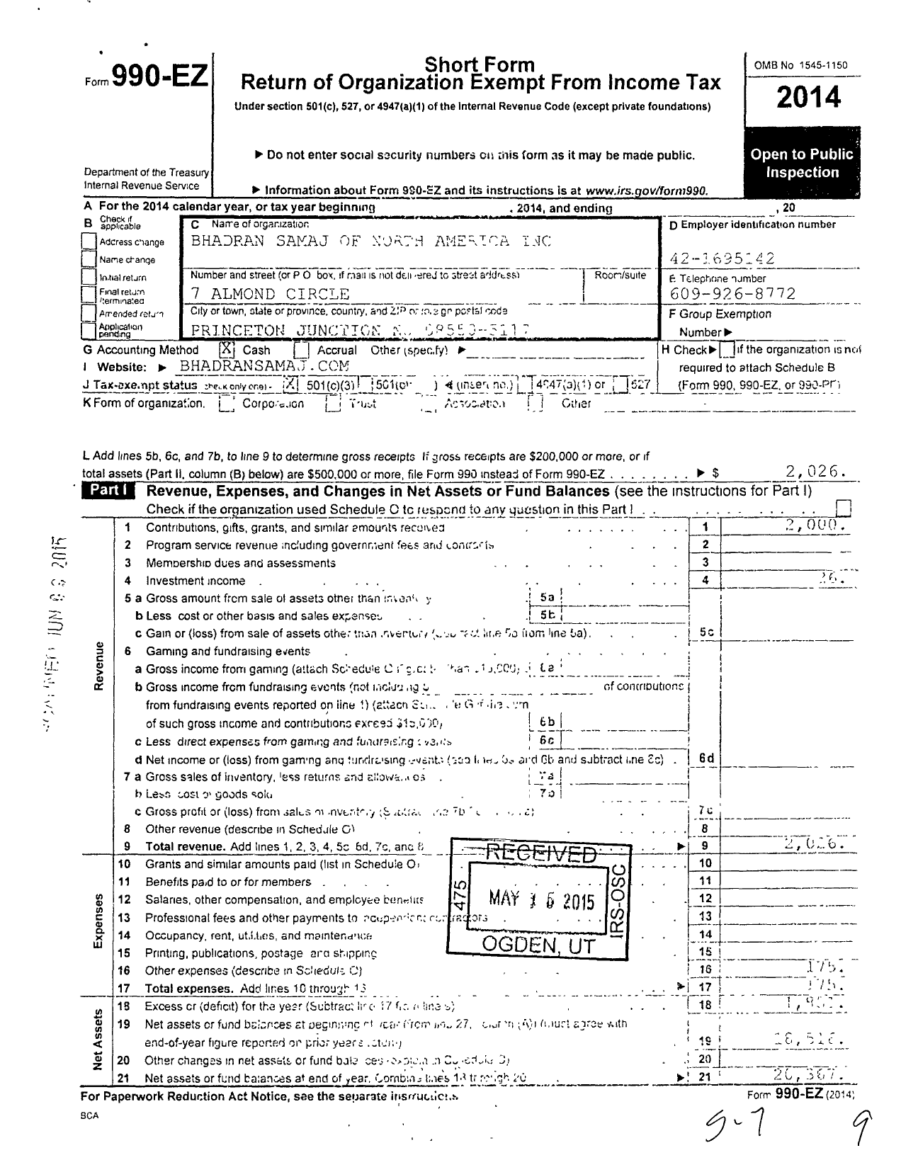 Image of first page of 2014 Form 990EZ for Bhadran Samaj of North America