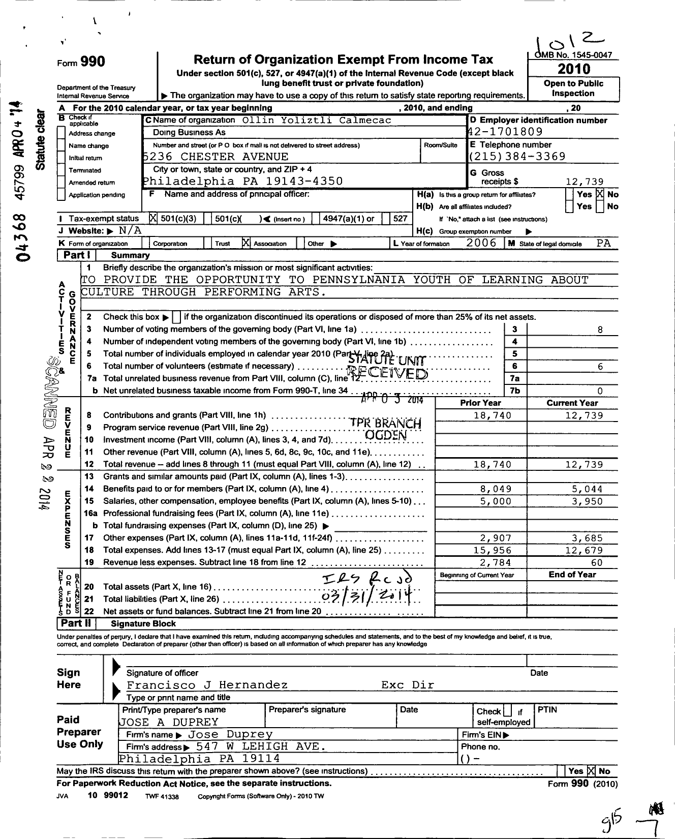 Image of first page of 2010 Form 990 for Ollin Yoliztli Calmecac (OYC)