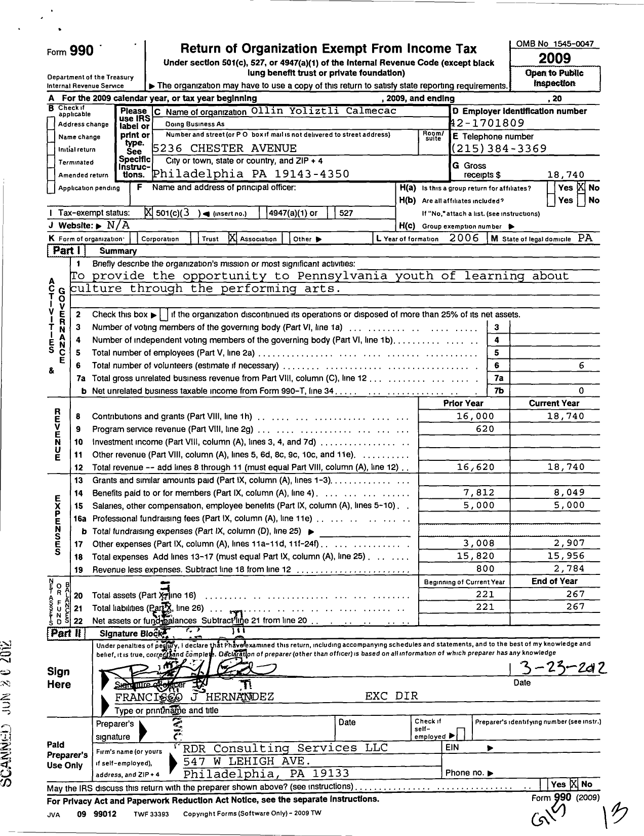 Image of first page of 2009 Form 990 for Ollin Yoliztli Calmecac (OYC)