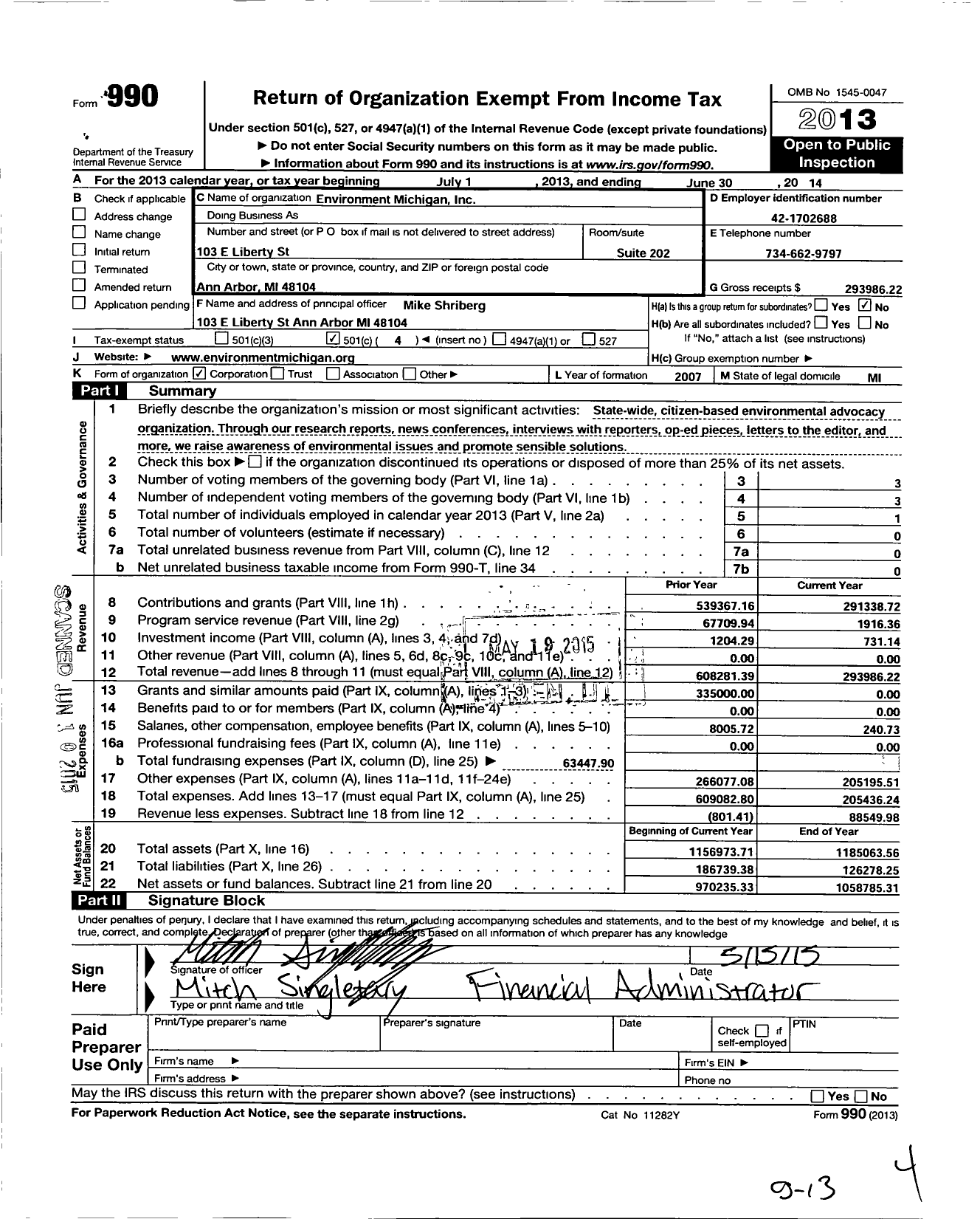 Image of first page of 2013 Form 990O for Environment Michigan