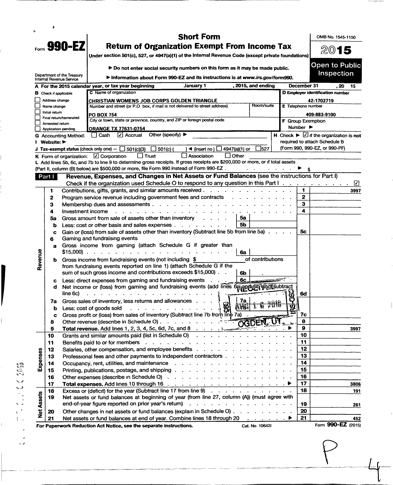 Image of first page of 2015 Form 990EO for Christian Womens Job Corps Golden Triangle