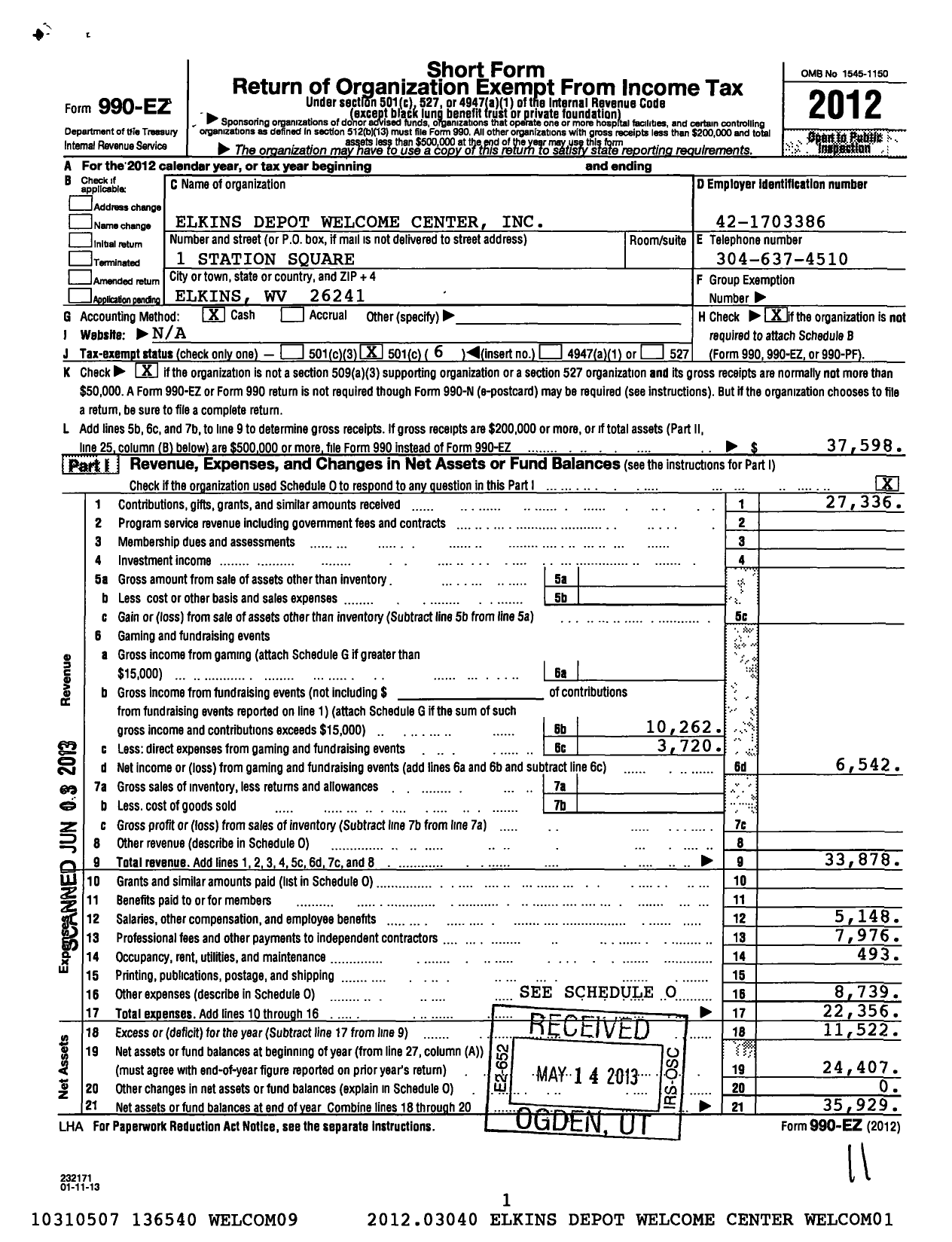 Image of first page of 2012 Form 990EO for Elkins Depot Welcome Center