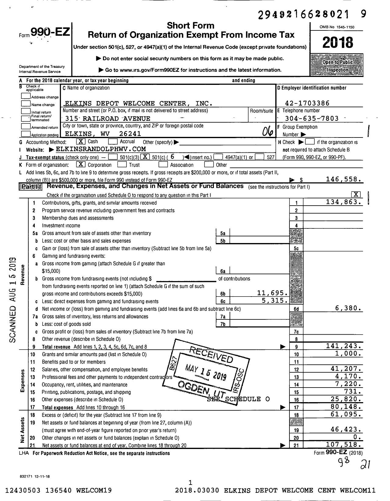 Image of first page of 2018 Form 990EO for Elkins Depot Welcome Center