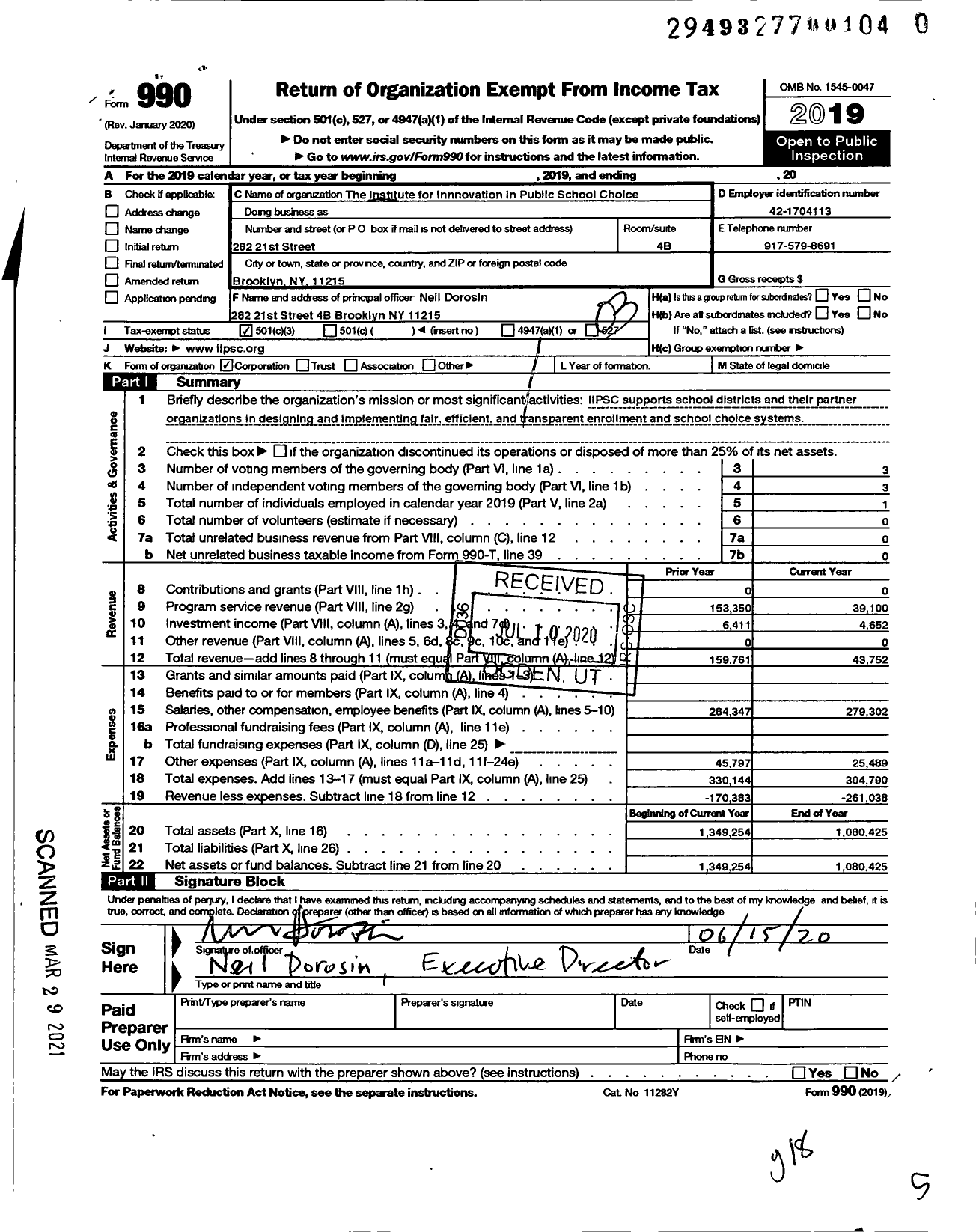 Image of first page of 2019 Form 990 for Institute for Innovation in Public School Choice