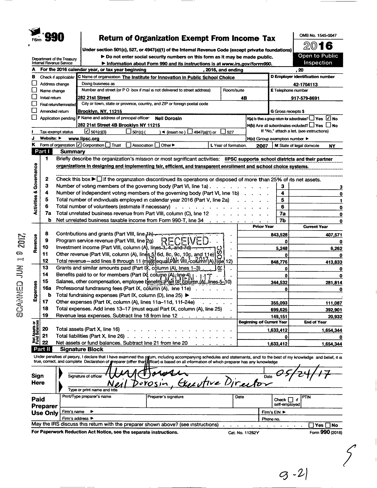 Image of first page of 2016 Form 990 for Institute for Innovation in Public School Choice