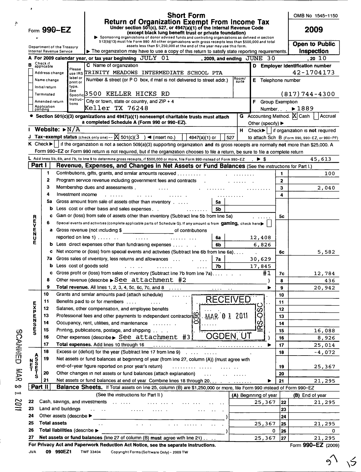 Image of first page of 2009 Form 990EZ for TEXAS PTA - Trinity Meadows Intermediate PTA