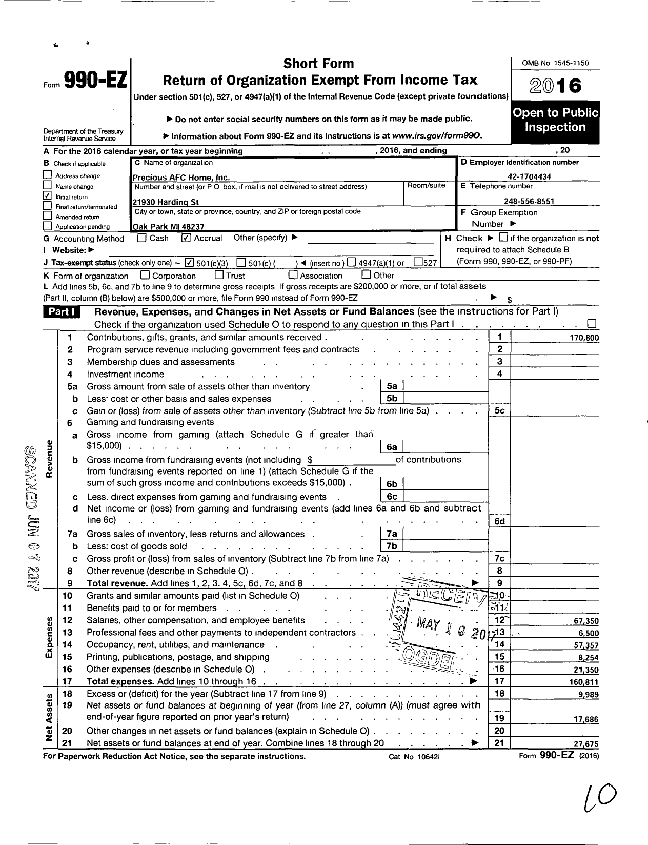 Image of first page of 2016 Form 990EZ for Precious Afc Home