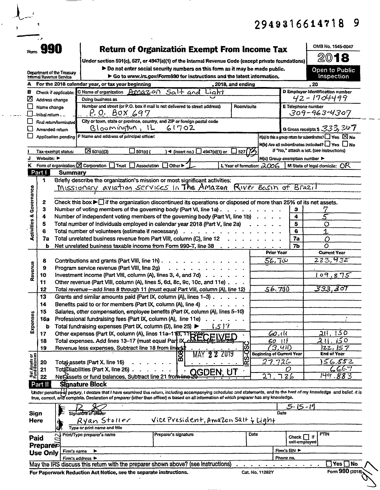 Image of first page of 2018 Form 990 for Amazon Salt and Light