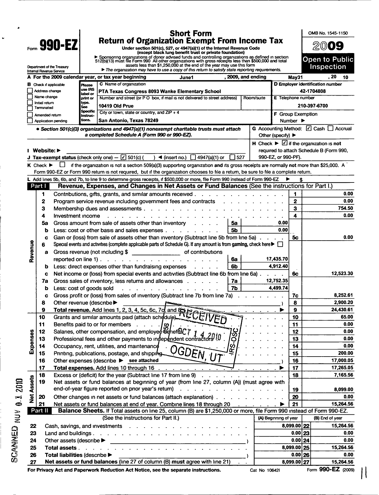 Image of first page of 2009 Form 990EO for Texas PTA - Wanke Elementary School PTA