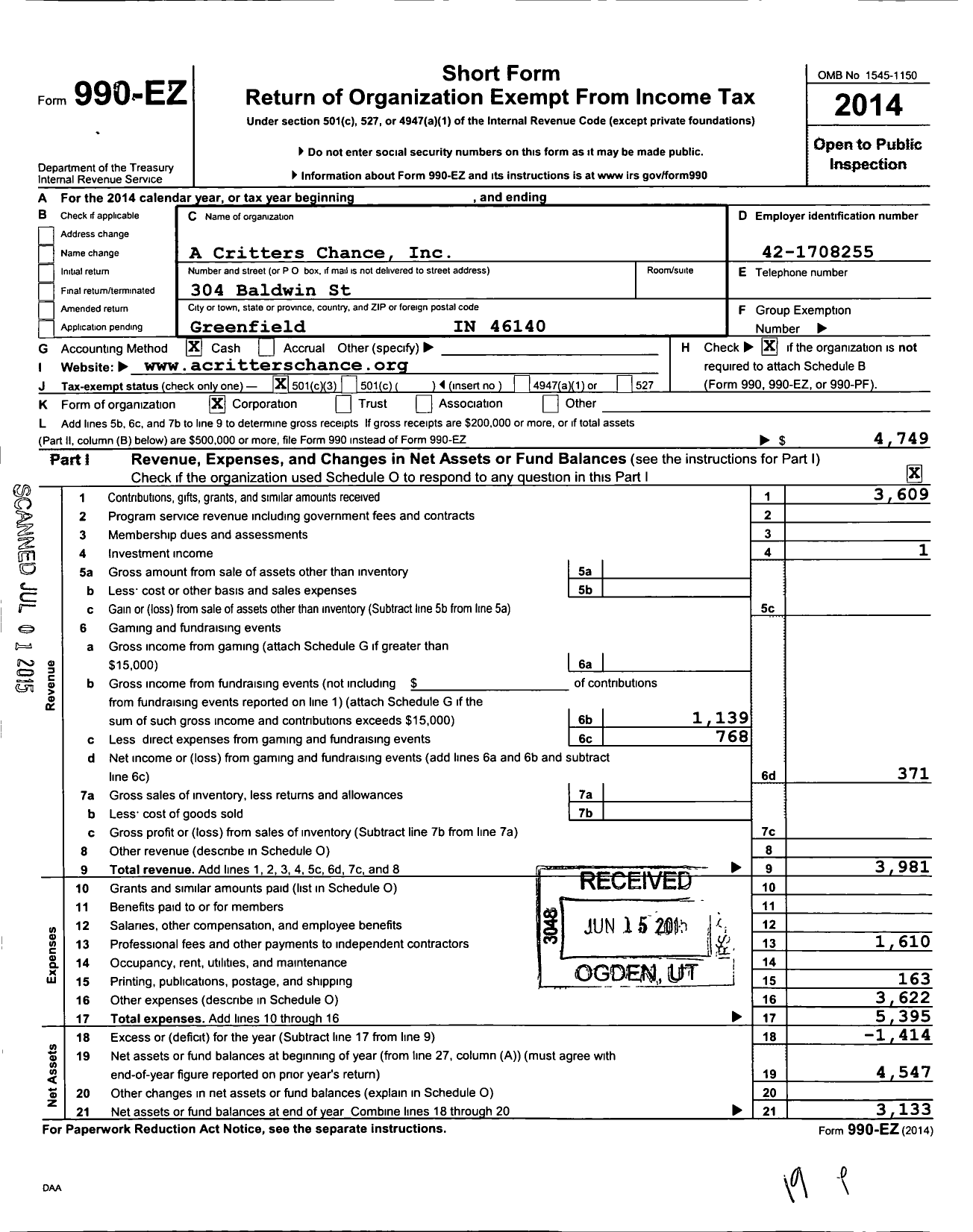 Image of first page of 2014 Form 990EZ for A Critters Chance