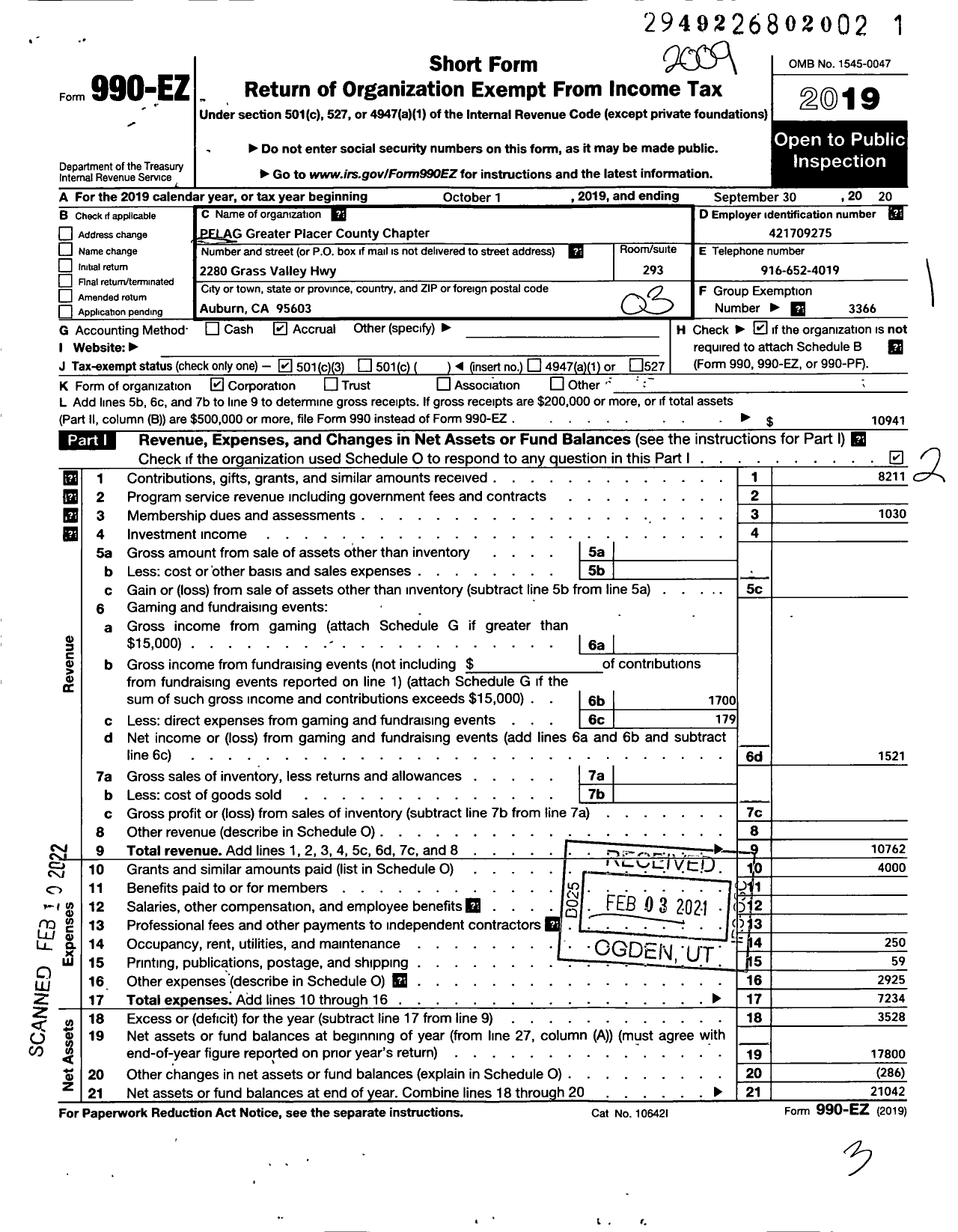 Image of first page of 2019 Form 990EZ for PFLAG Greater Placer County