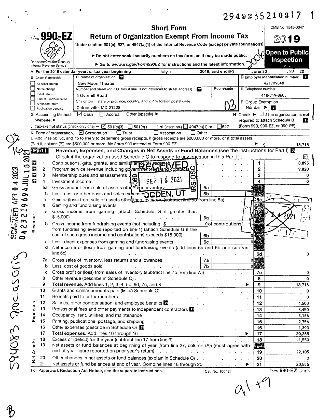 Image of first page of 2019 Form 990EZ for New Moon Theater