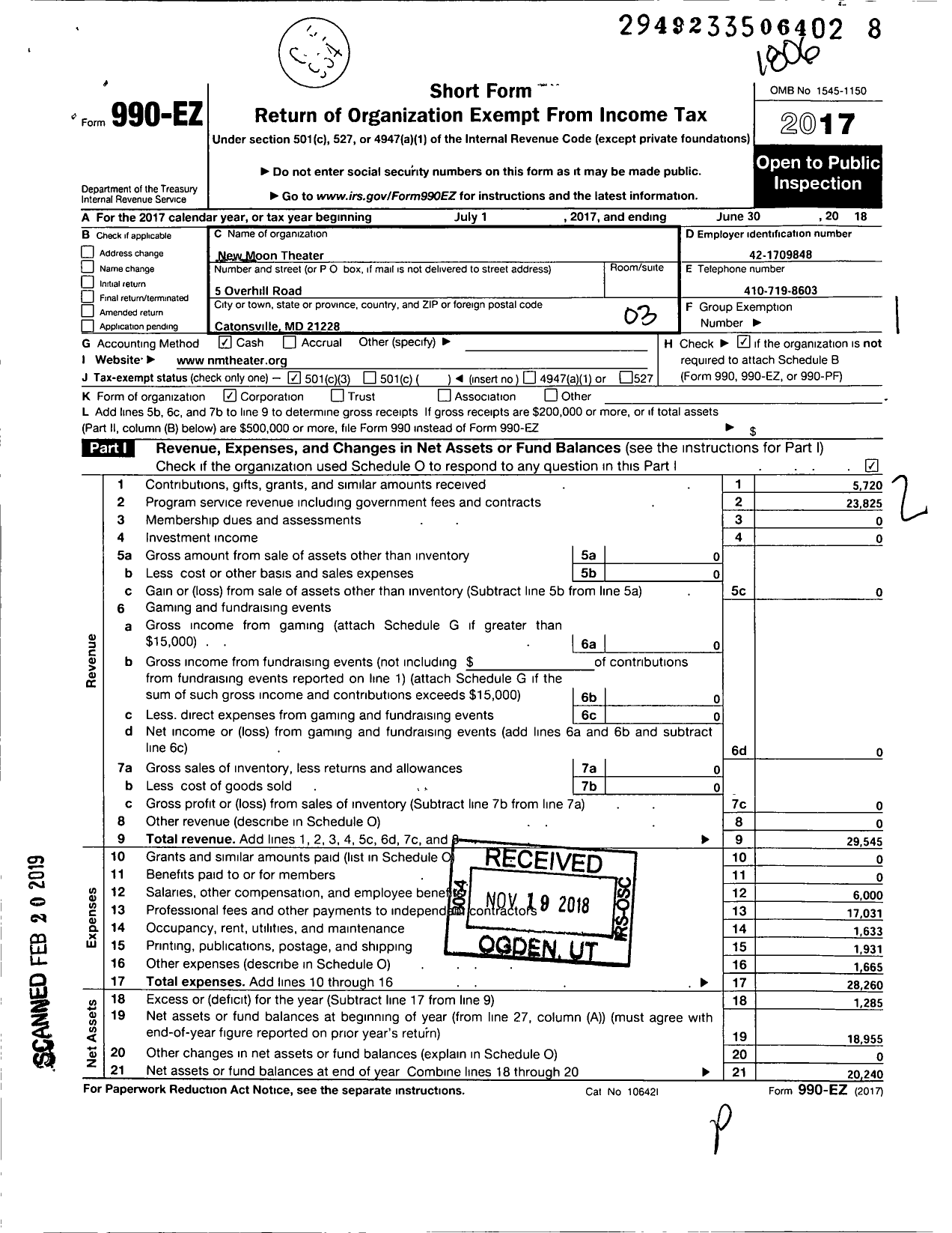 Image of first page of 2017 Form 990EZ for New Moon Theater